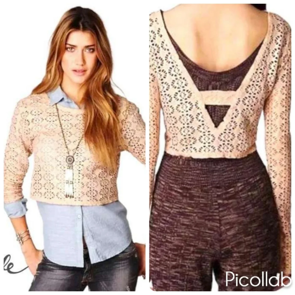 FREE PEOPLE BEACH Cream Lurex Crochet Long Sleeve Boho Top Blouse Sz Small